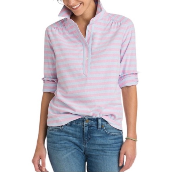 Vineyard Vines Tops - Vineyard Vines Women's Relaxed Coastside Stripe Hi-Lo Popover Shirt Size 8 Blue